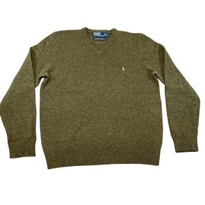 Polo Ralph Lauren Mens V-Neck Sweater Olive Green 100% Lambswool Italian Yarn L